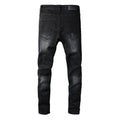 Men's black streetwear skinny jeans with striped angel print, distressed holes, high waist.