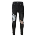 Men's black streetwear skinny jeans with striped angel print, distressed holes, high waist.