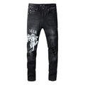 Men's black streetwear skinny jeans with striped angel print, distressed holes, high waist.